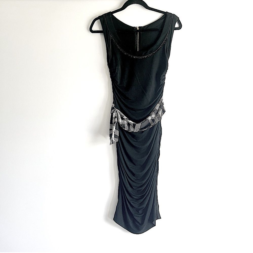Dolce & Gabbana Beaded Neckline Ruched Midi Dress with Checked Sash Size EUR 42